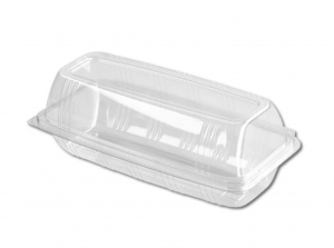 Ceci est un contenant rectangulaire transparent en APET avec un couvercle à charnière, spécialement conçu pour contenir des aliments longs et étroits, comme des sandwichs baguette. Le contenant comprend une base plate et encastrée avec des parois droites légèrement nervurées pour assurer la stabilité et la solidité. Le couvercle bombé offre une hauteur supplémentaire, permettant d’accueillir des sandwichs épais ou des ingrédients superposés sans les écraser. La finition lisse et brillante garantit une transparence optimale, mettant en valeur le contenu. Le couvercle attaché dispose d’une fermeture à pression sécurisée pour préserver la fraîcheur et éviter les déversements, ce qui en fait une solution idéale pour l’emballage alimentaire à emporter.
